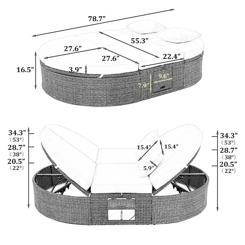 Bain de soleil en rotin avec coussins, chaise longue inclinable, plateaux pliables