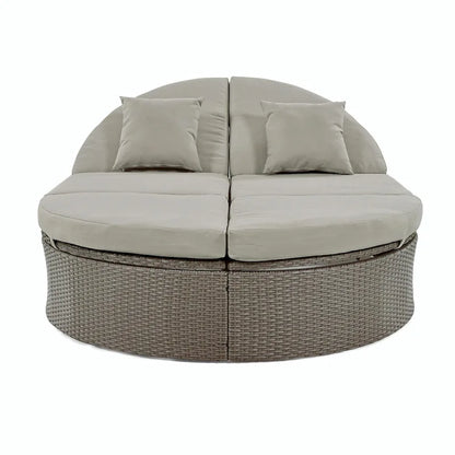 Bain de soleil en rotin avec coussins, chaise longue inclinable, plateaux pliables