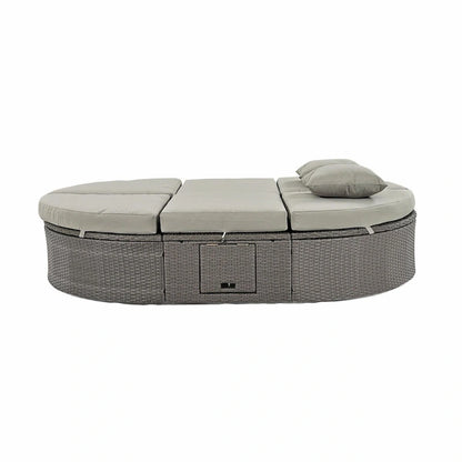 Bain de soleil en rotin avec coussins, chaise longue inclinable, plateaux pliables