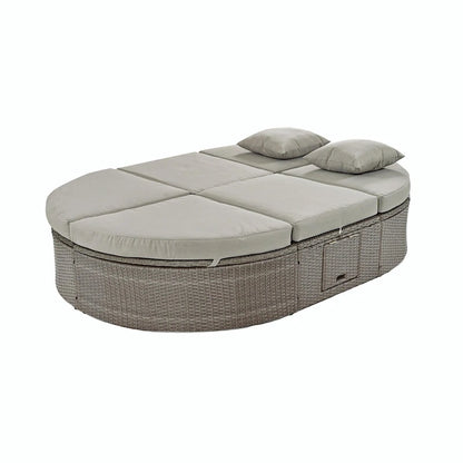 Bain de soleil en rotin avec coussins, chaise longue inclinable, plateaux pliables