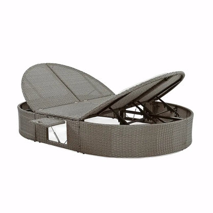 Bain de soleil en rotin avec coussins, chaise longue inclinable, plateaux pliables