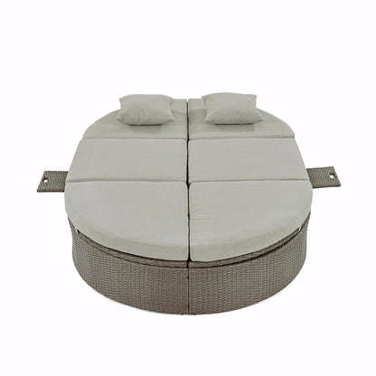 Bain de soleil en rotin avec coussins, chaise longue inclinable, plateaux pliables
