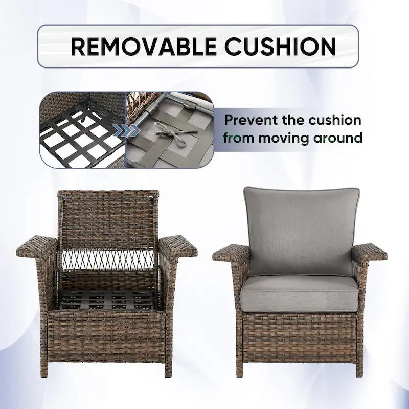 Canapé à dossier haut et 2 fauteuils, 2 poufs, table basse - Marron