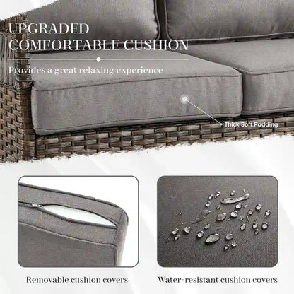 Canapé à dossier haut et 2 fauteuils, 2 poufs, table basse - Marron