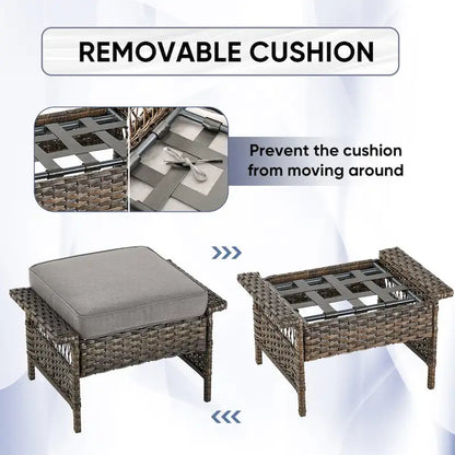 Canapé à dossier haut et 2 fauteuils, 2 poufs, table basse - Marron