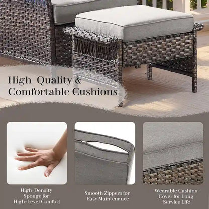 Canapé à dossier haut et 2 fauteuils, 2 poufs, table basse - Marron