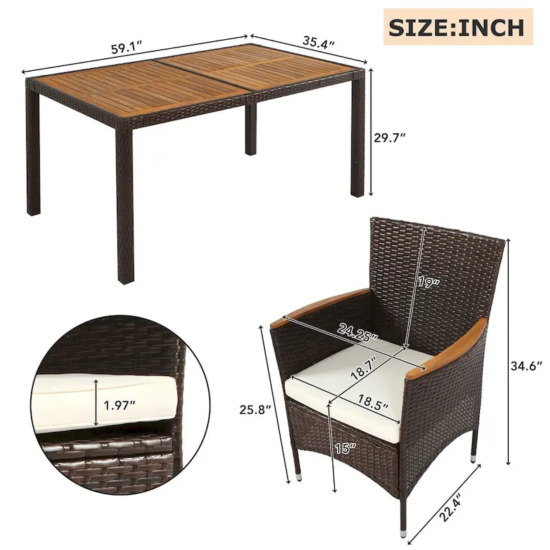 Ensemble de salle à manger de patio pour 6, table et chaises en osier d'extérieur avec coussins