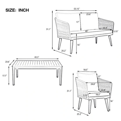 Ensemble de conversation d'extérieur 4 pièces avec table et coussins, pour jardin