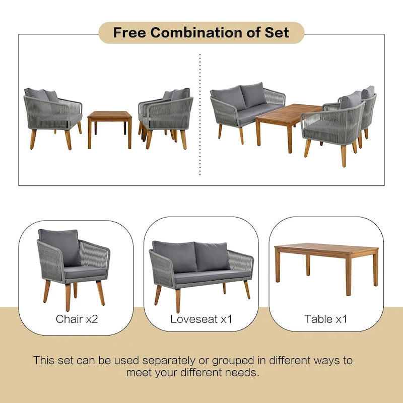 Ensemble de conversation d'extérieur 4 pièces avec table et coussins, pour jardin
