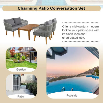 Ensemble de conversation d'extérieur 4 pièces avec table et coussins, pour jardin