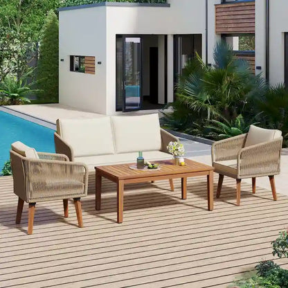 Ensemble de conversation d'extérieur 4 pièces avec table et coussins, pour jardin