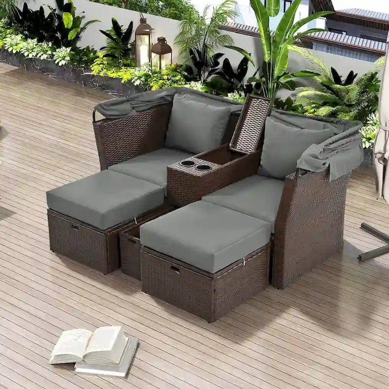 Ensemble causeuse de jardin convertible avec pare-soleil rétractable, porte-gobelets, coffres de rangement, coussins déperlants