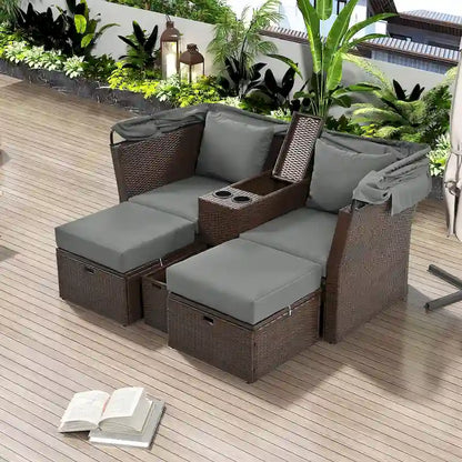 Convertible Outdoor Patio Daybed Loveseat Set with Retractable Sunshade, Cup Holders, Storage Boxes, Water-Repellent Cushions