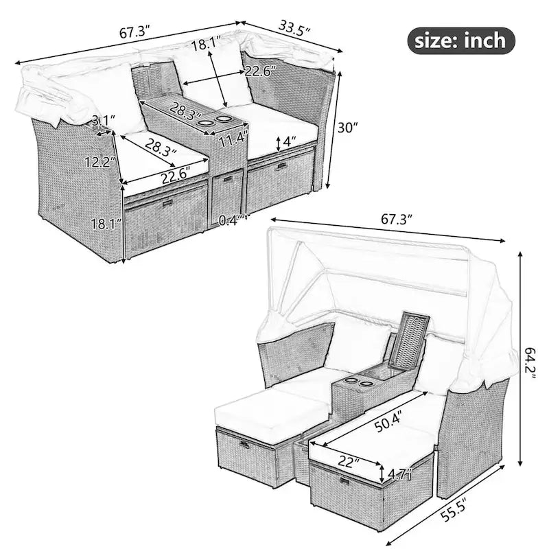 Ensemble causeuse de jardin convertible avec pare-soleil rétractable, porte-gobelets, coffres de rangement, coussins déperlants