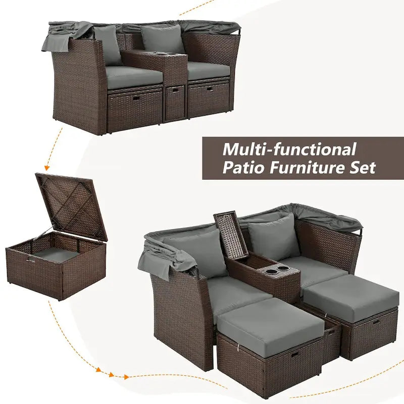 Ensemble causeuse de jardin convertible avec pare-soleil rétractable, porte-gobelets, coffres de rangement, coussins déperlants