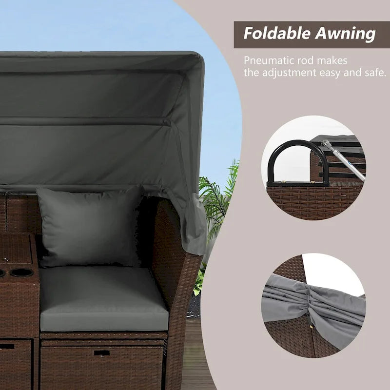 Ensemble causeuse de jardin convertible avec pare-soleil rétractable, porte-gobelets, coffres de rangement, coussins déperlants