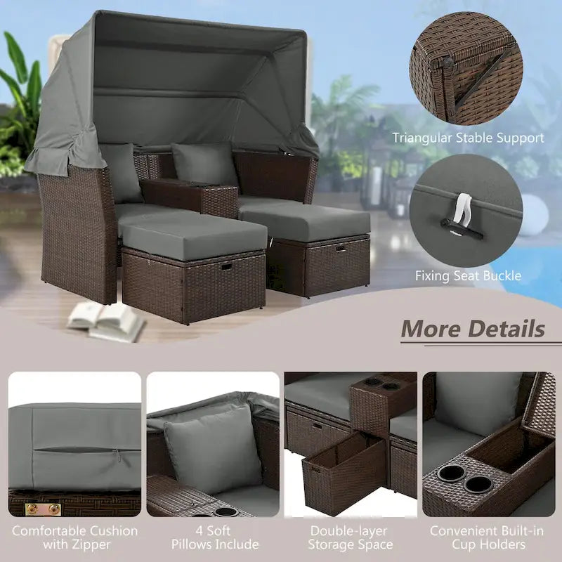Ensemble causeuse de jardin convertible avec pare-soleil rétractable, porte-gobelets, coffres de rangement, coussins déperlants