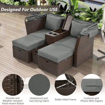 Ensemble causeuse de jardin convertible avec pare-soleil rétractable, porte-gobelets, coffres de rangement, coussins déperlants