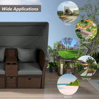 Ensemble causeuse de jardin convertible avec pare-soleil rétractable, porte-gobelets, coffres de rangement, coussins déperlants