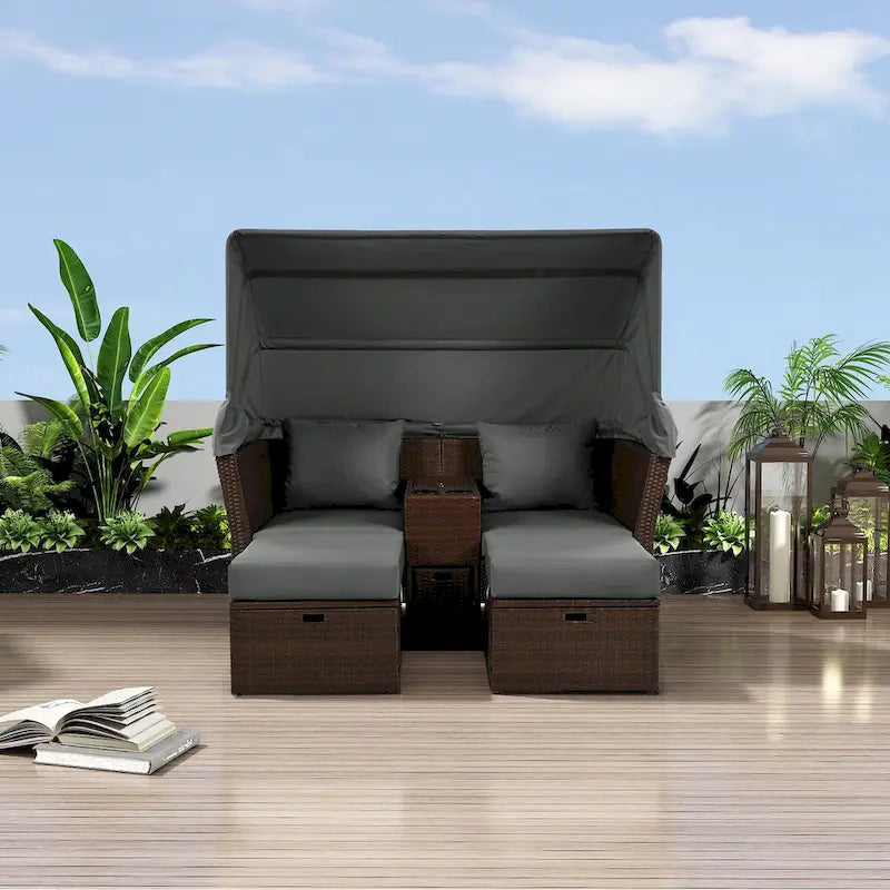 Ensemble causeuse de jardin convertible avec pare-soleil rétractable, porte-gobelets, coffres de rangement, coussins déperlants