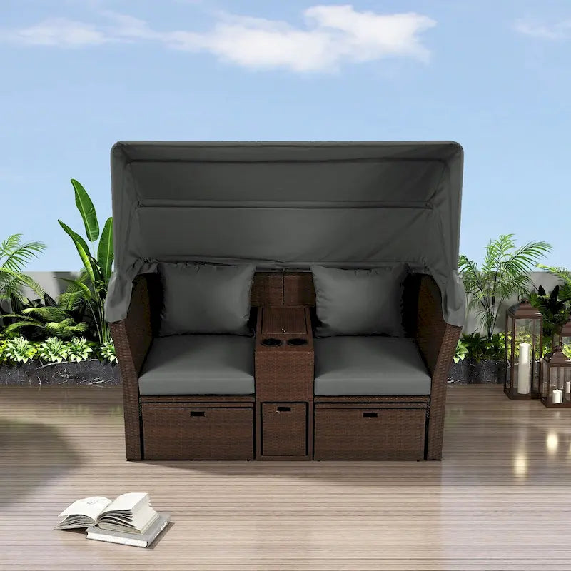 Ensemble causeuse de jardin convertible avec pare-soleil rétractable, porte-gobelets, coffres de rangement, coussins déperlants