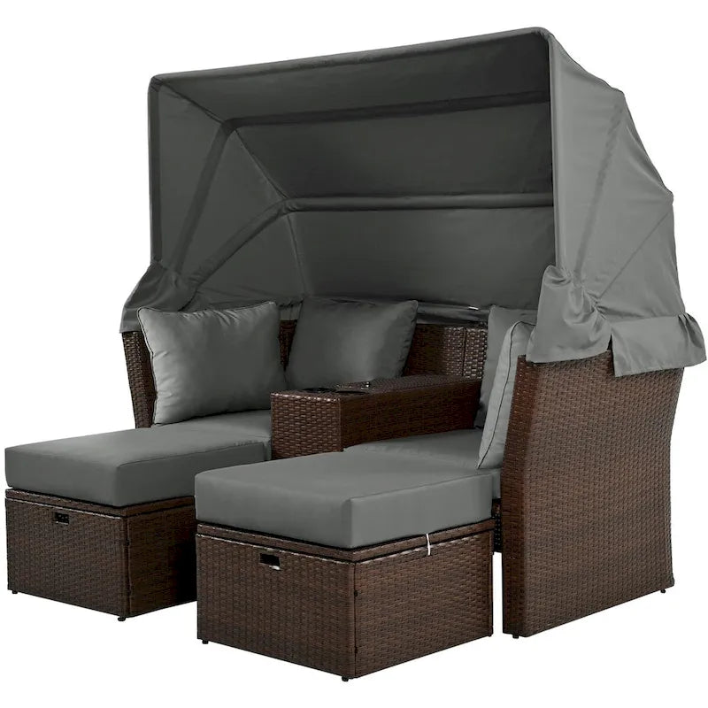 Ensemble causeuse de jardin convertible avec pare-soleil rétractable, porte-gobelets, coffres de rangement, coussins déperlants