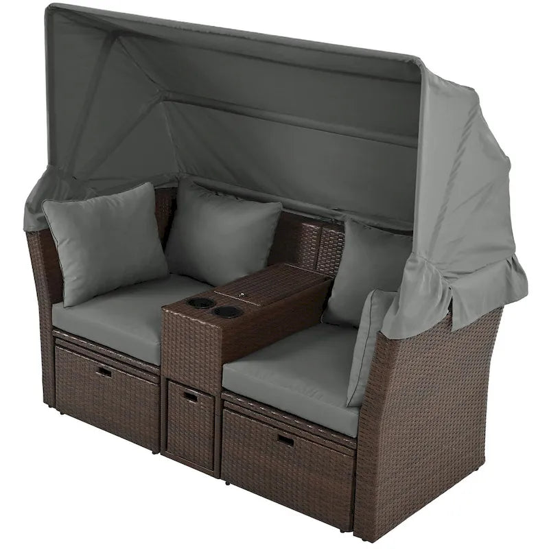 Ensemble causeuse de jardin convertible avec pare-soleil rétractable, porte-gobelets, coffres de rangement, coussins déperlants