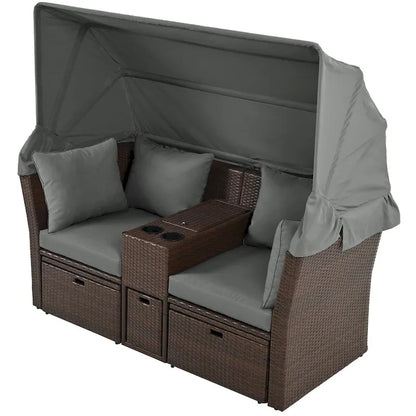 Ensemble causeuse de jardin convertible avec pare-soleil rétractable, porte-gobelets, coffres de rangement, coussins déperlants