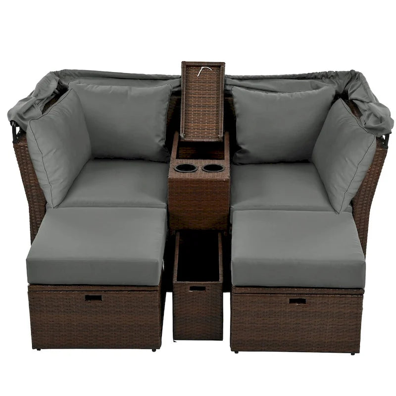 Ensemble causeuse de jardin convertible avec pare-soleil rétractable, porte-gobelets, coffres de rangement, coussins déperlants