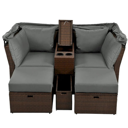 Ensemble causeuse de jardin convertible avec pare-soleil rétractable, porte-gobelets, coffres de rangement, coussins déperlants