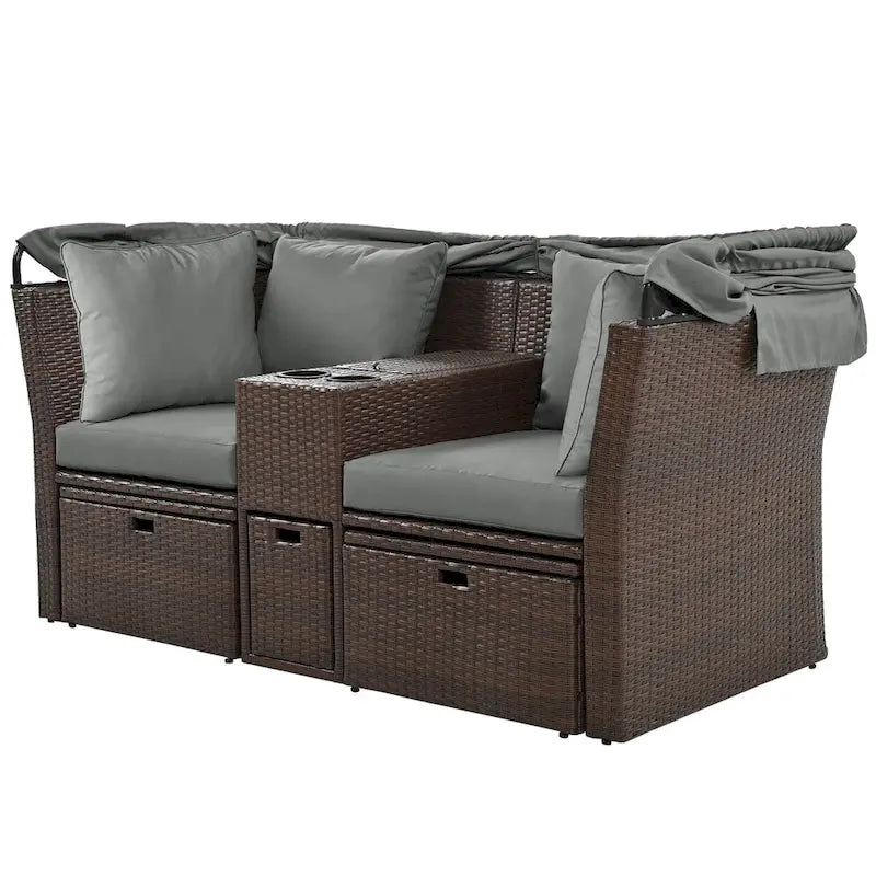 Ensemble causeuse de jardin convertible avec pare-soleil rétractable, porte-gobelets, coffres de rangement, coussins déperlants
