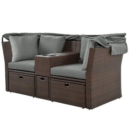 Ensemble causeuse de jardin convertible avec pare-soleil rétractable, porte-gobelets, coffres de rangement, coussins déperlants