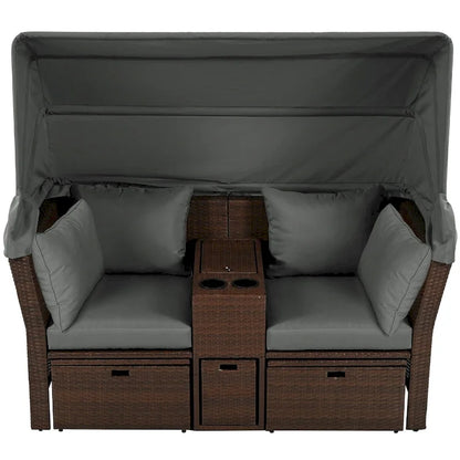 Ensemble causeuse de jardin convertible avec pare-soleil rétractable, porte-gobelets, coffres de rangement, coussins déperlants