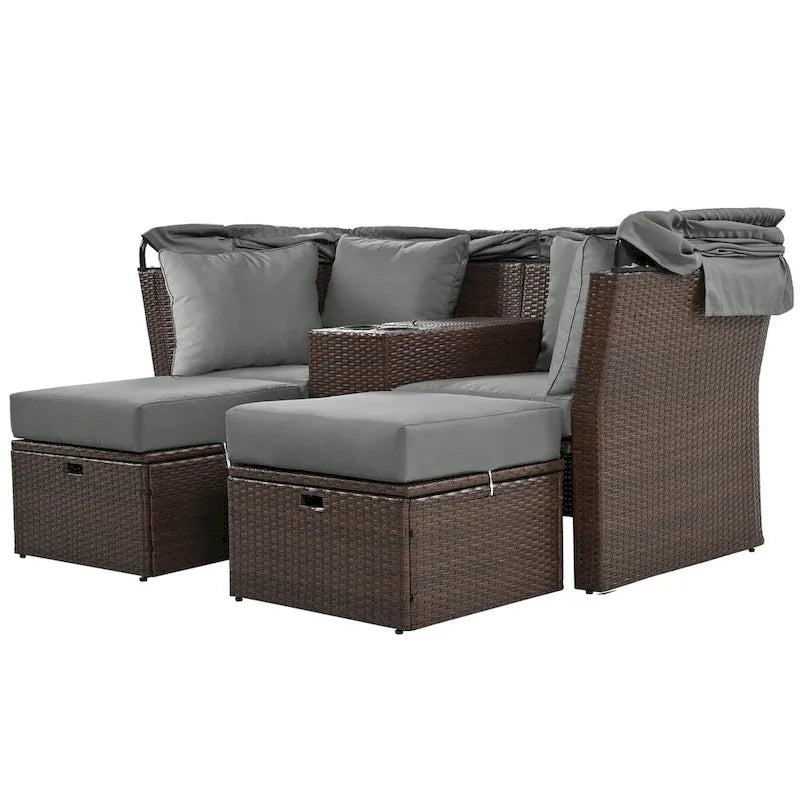 Ensemble causeuse de jardin convertible avec pare-soleil rétractable, porte-gobelets, coffres de rangement, coussins déperlants