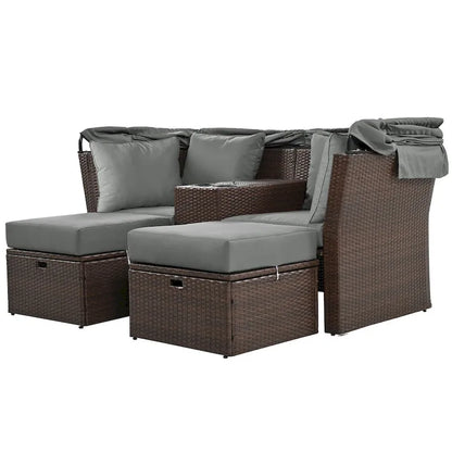 Ensemble causeuse de jardin convertible avec pare-soleil rétractable, porte-gobelets, coffres de rangement, coussins déperlants