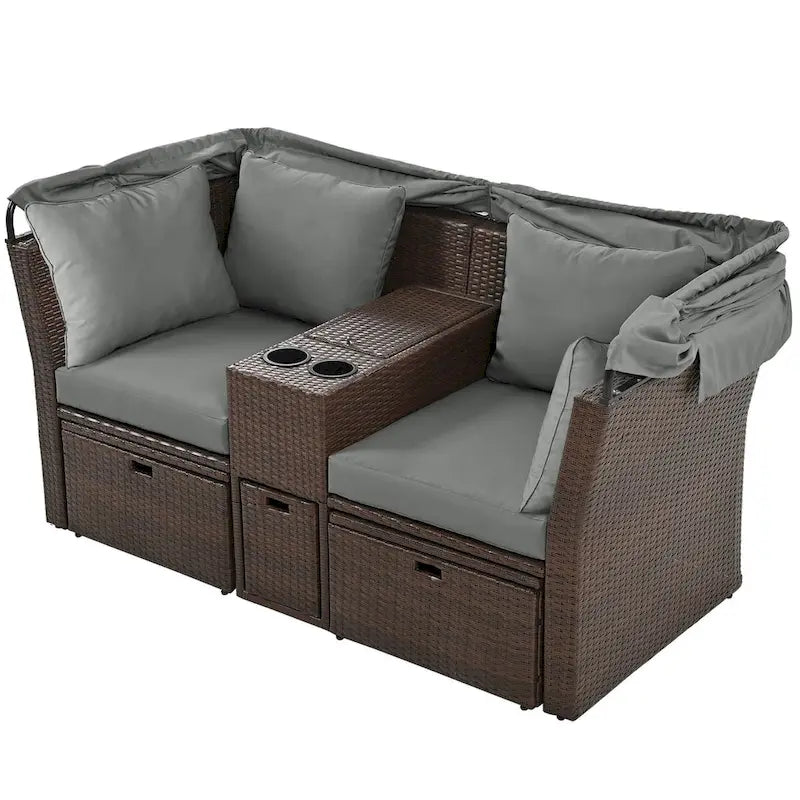 Ensemble causeuse de jardin convertible avec pare-soleil rétractable, porte-gobelets, coffres de rangement, coussins déperlants