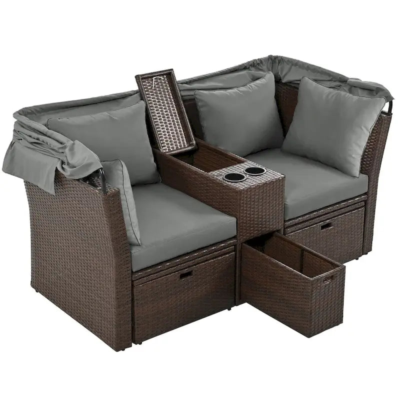 Ensemble causeuse de jardin convertible avec pare-soleil rétractable, porte-gobelets, coffres de rangement, coussins déperlants