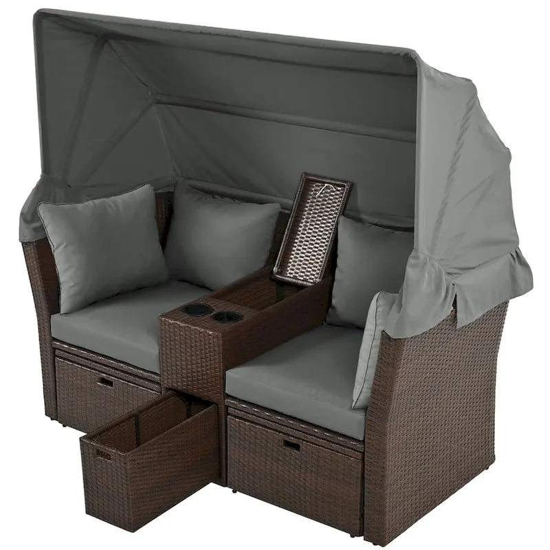 Ensemble causeuse de jardin convertible avec pare-soleil rétractable, porte-gobelets, coffres de rangement, coussins déperlants