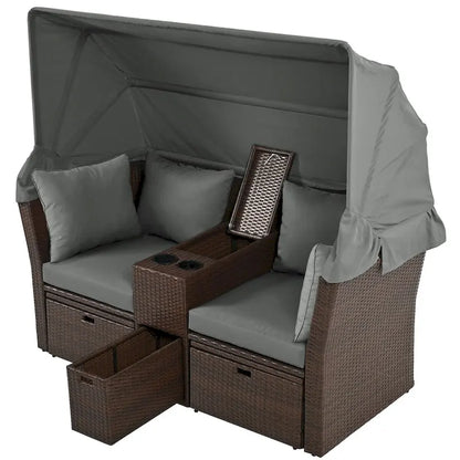 Ensemble causeuse de jardin convertible avec pare-soleil rétractable, porte-gobelets, coffres de rangement, coussins déperlants
