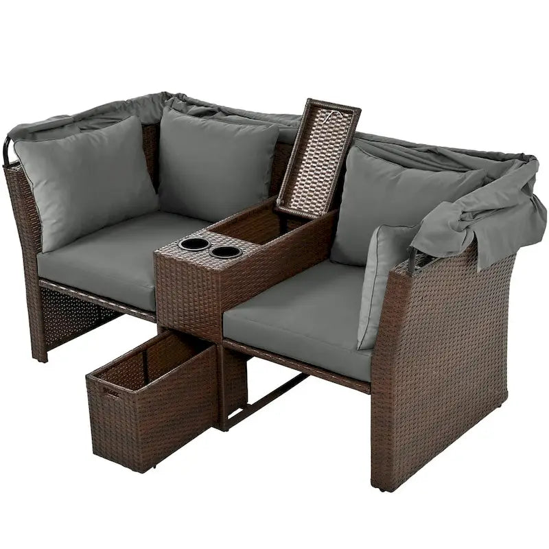 Ensemble causeuse de jardin convertible avec pare-soleil rétractable, porte-gobelets, coffres de rangement, coussins déperlants