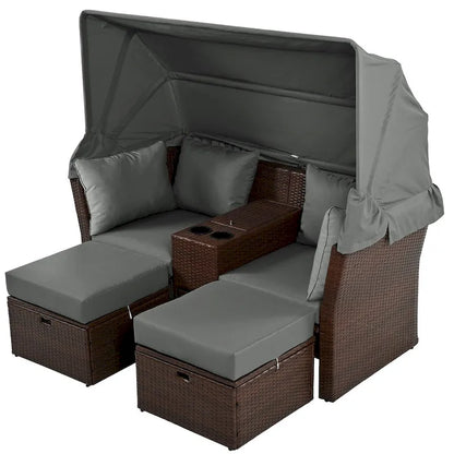Ensemble causeuse de jardin convertible avec pare-soleil rétractable, porte-gobelets, coffres de rangement, coussins déperlants