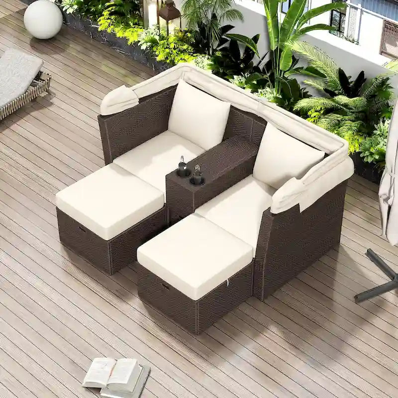 Ensemble causeuse de jardin convertible avec pare-soleil rétractable, porte-gobelets, coffres de rangement, coussins déperlants