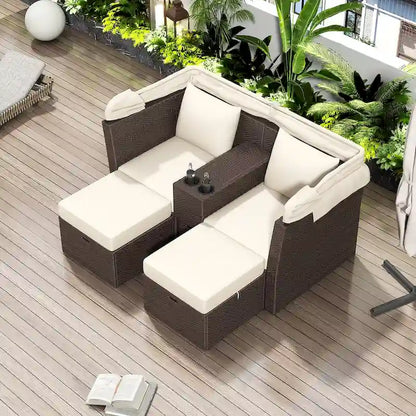 Ensemble causeuse de jardin convertible avec pare-soleil rétractable, porte-gobelets, coffres de rangement, coussins déperlants