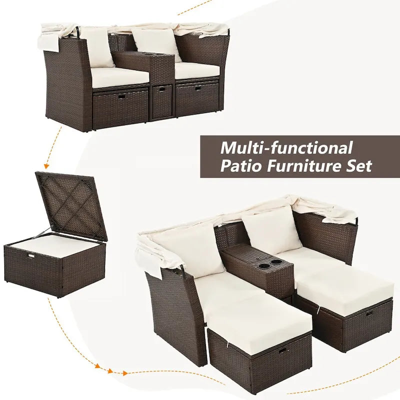 Ensemble causeuse de jardin convertible avec pare-soleil rétractable, porte-gobelets, coffres de rangement, coussins déperlants