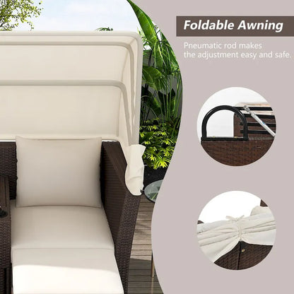 Ensemble causeuse de jardin convertible avec pare-soleil rétractable, porte-gobelets, coffres de rangement, coussins déperlants