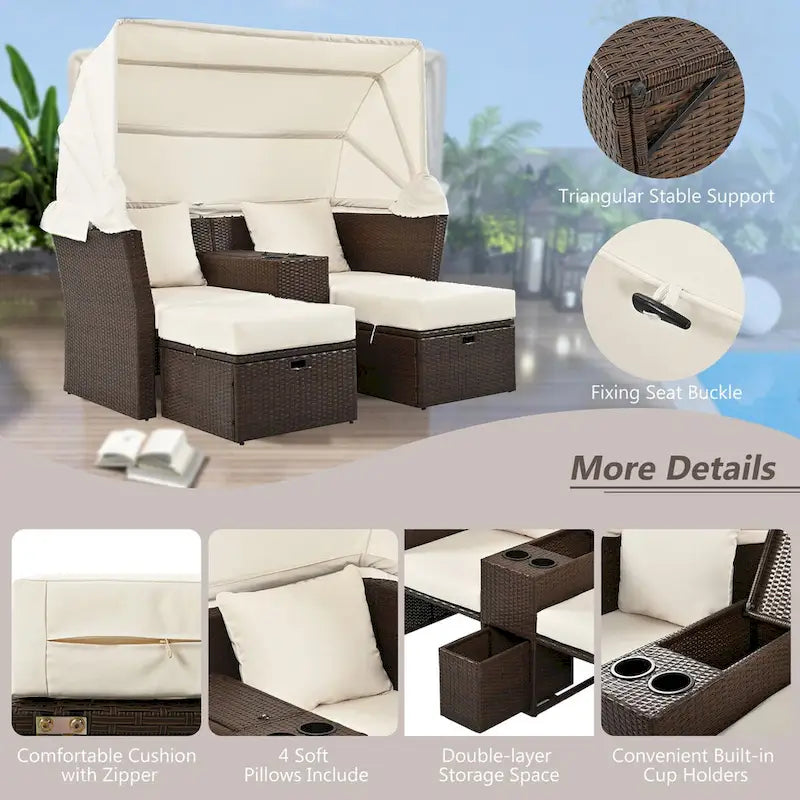 Ensemble causeuse de jardin convertible avec pare-soleil rétractable, porte-gobelets, coffres de rangement, coussins déperlants