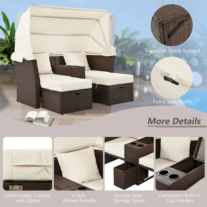 Ensemble causeuse de jardin convertible avec pare-soleil rétractable, porte-gobelets, coffres de rangement, coussins déperlants