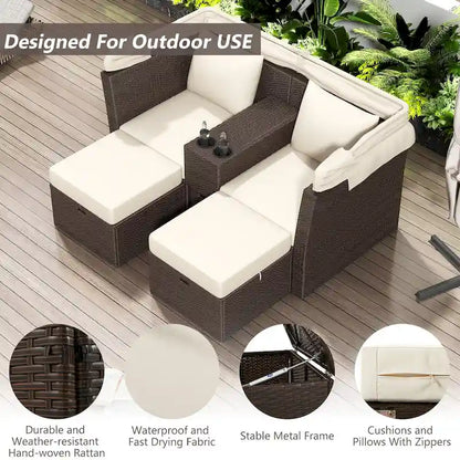 Ensemble causeuse de jardin convertible avec pare-soleil rétractable, porte-gobelets, coffres de rangement, coussins déperlants