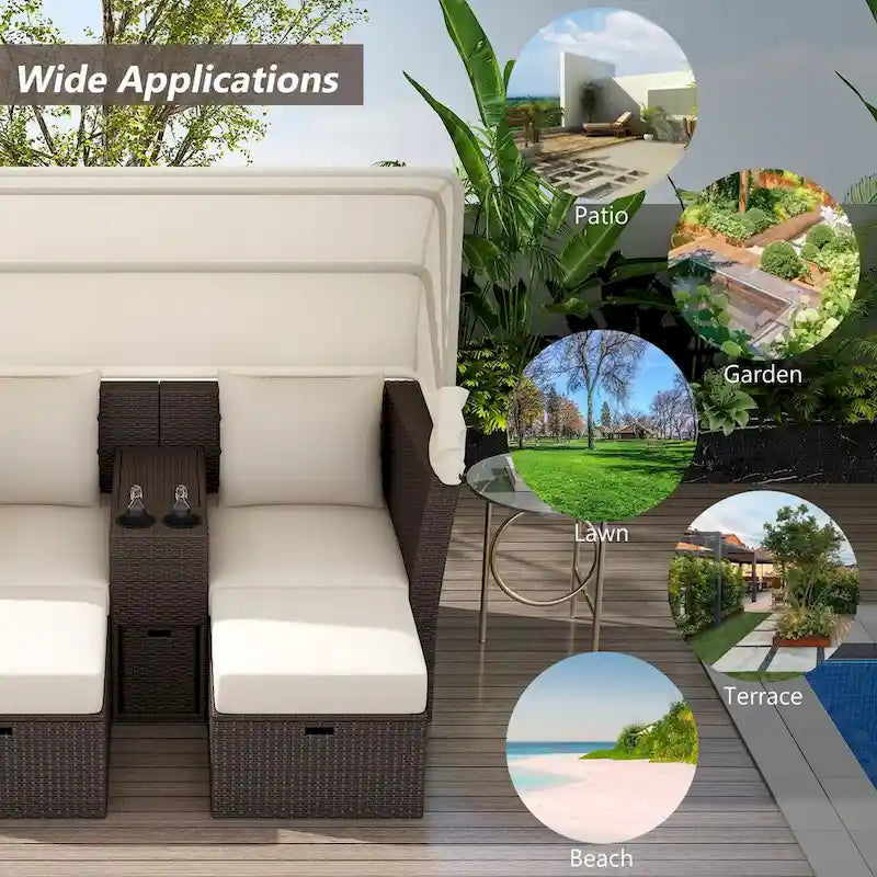 Ensemble causeuse de jardin convertible avec pare-soleil rétractable, porte-gobelets, coffres de rangement, coussins déperlants