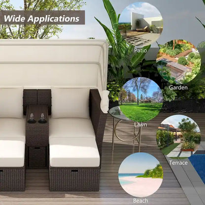 Ensemble causeuse de jardin convertible avec pare-soleil rétractable, porte-gobelets, coffres de rangement, coussins déperlants